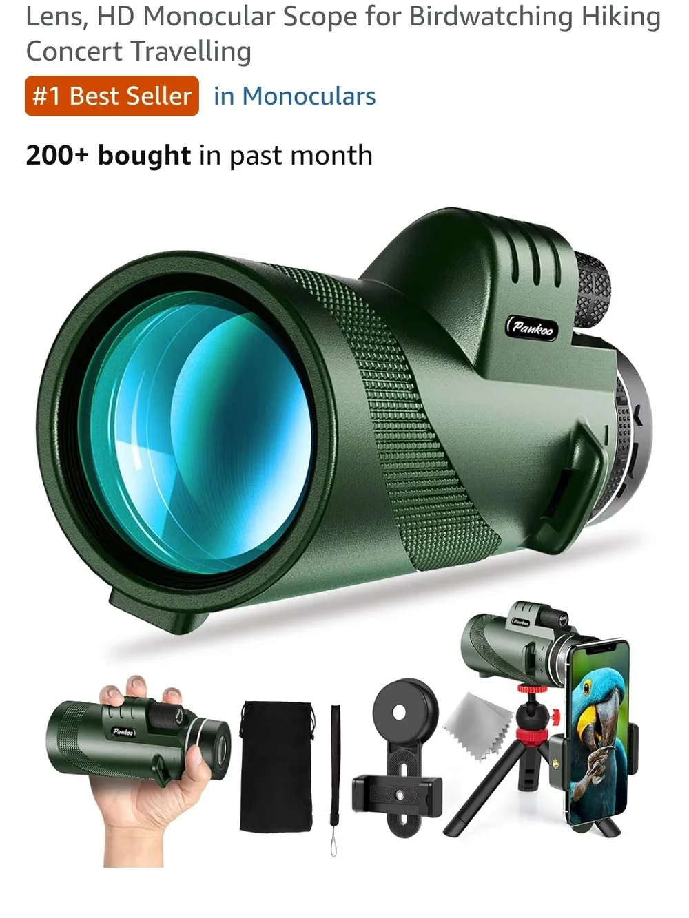 Black HD Monocular Telescope for Birdwatching & Hiking